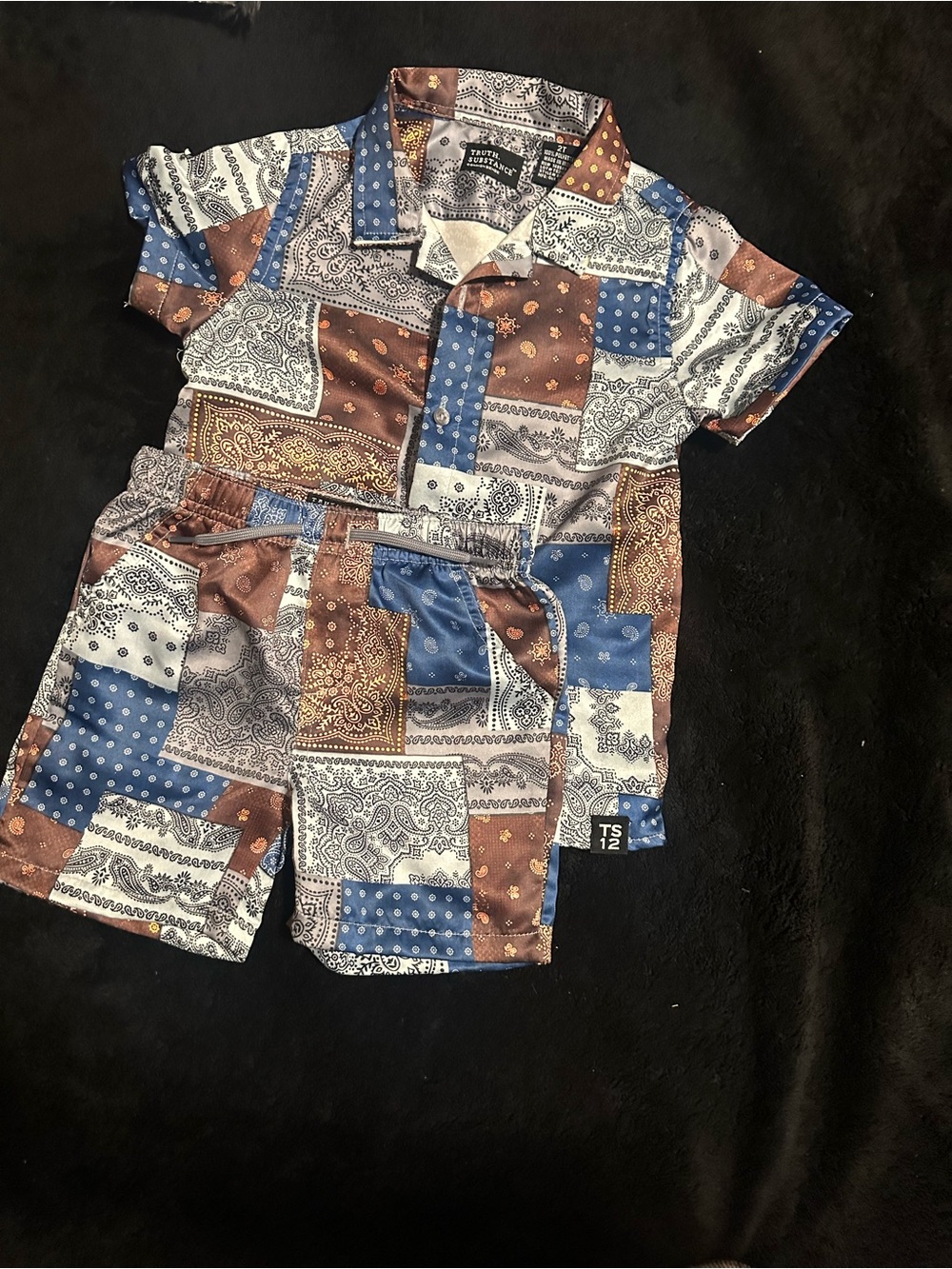 Patchwork Print Kids Romper - Blue & Brown